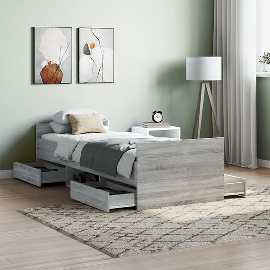 Carpi Wooden Single Bed With 4 Drawers in Grey Sonoma Oak