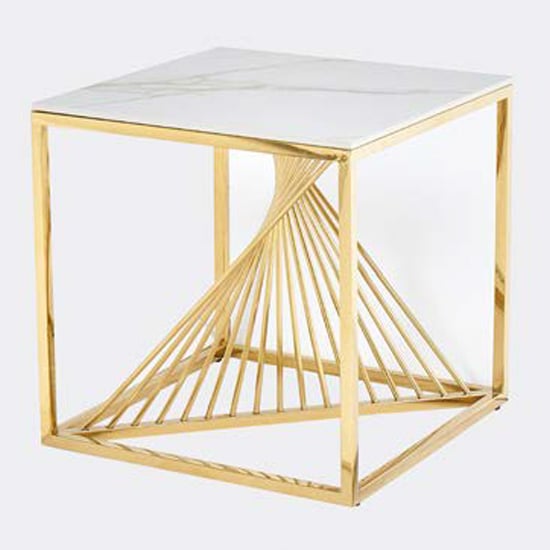Carpi Sintered Stone End Table In White With Gold Frame