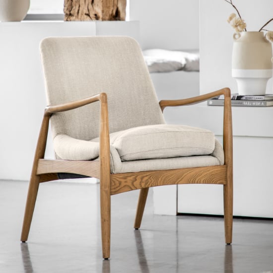 Read more about Carrara fabric armchair with wooden frame in natural