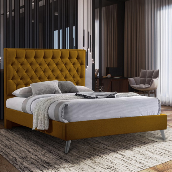 Photo of Carrara plush velvet upholstered double bed in mustard