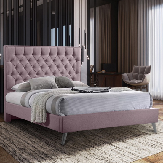 Carrara Plush Velvet Upholstered Double Bed In Pink