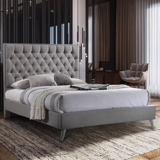 Carrara Plush Velvet Upholstered Double Bed In Steel
