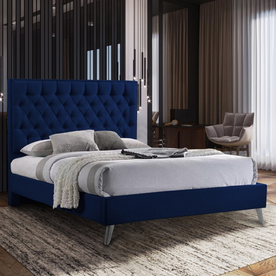 Photo of Carrara plush velvet upholstered king size bed in blue