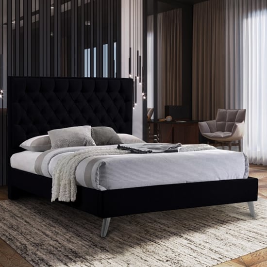 Carrara Plush Velvet Upholstered Small Double Bed In Black