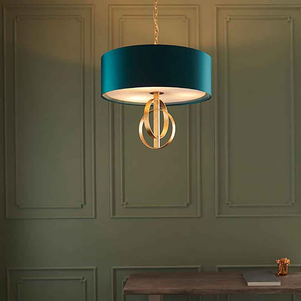Carson Small Teal Fabric Pendant Light In Antique Gold