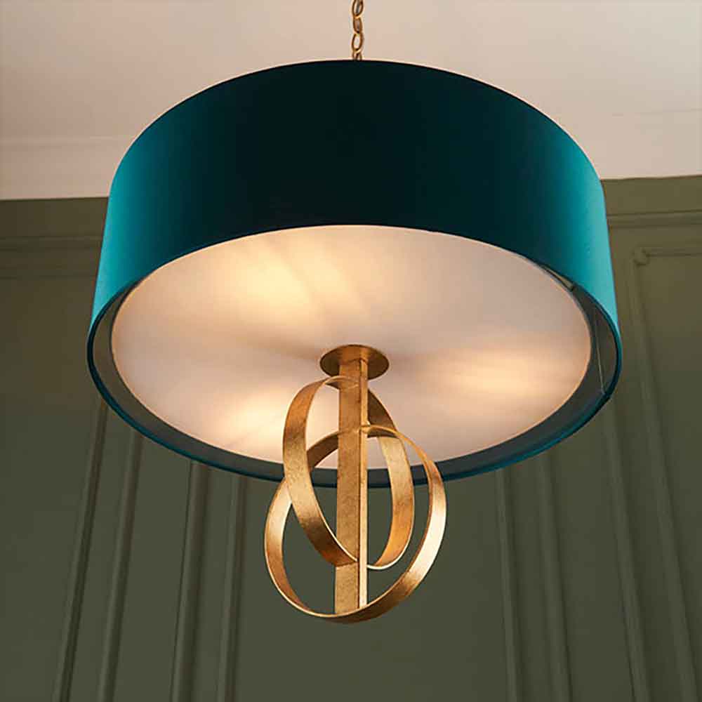 Carson Small Teal Fabric Pendant Light In Antique Gold