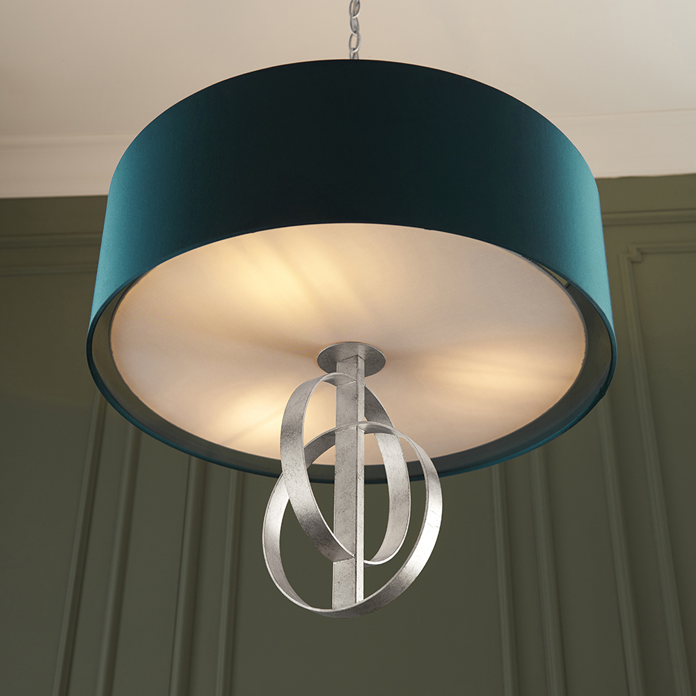 Carson Small Teal Fabric Pendant Light In Antique Silver