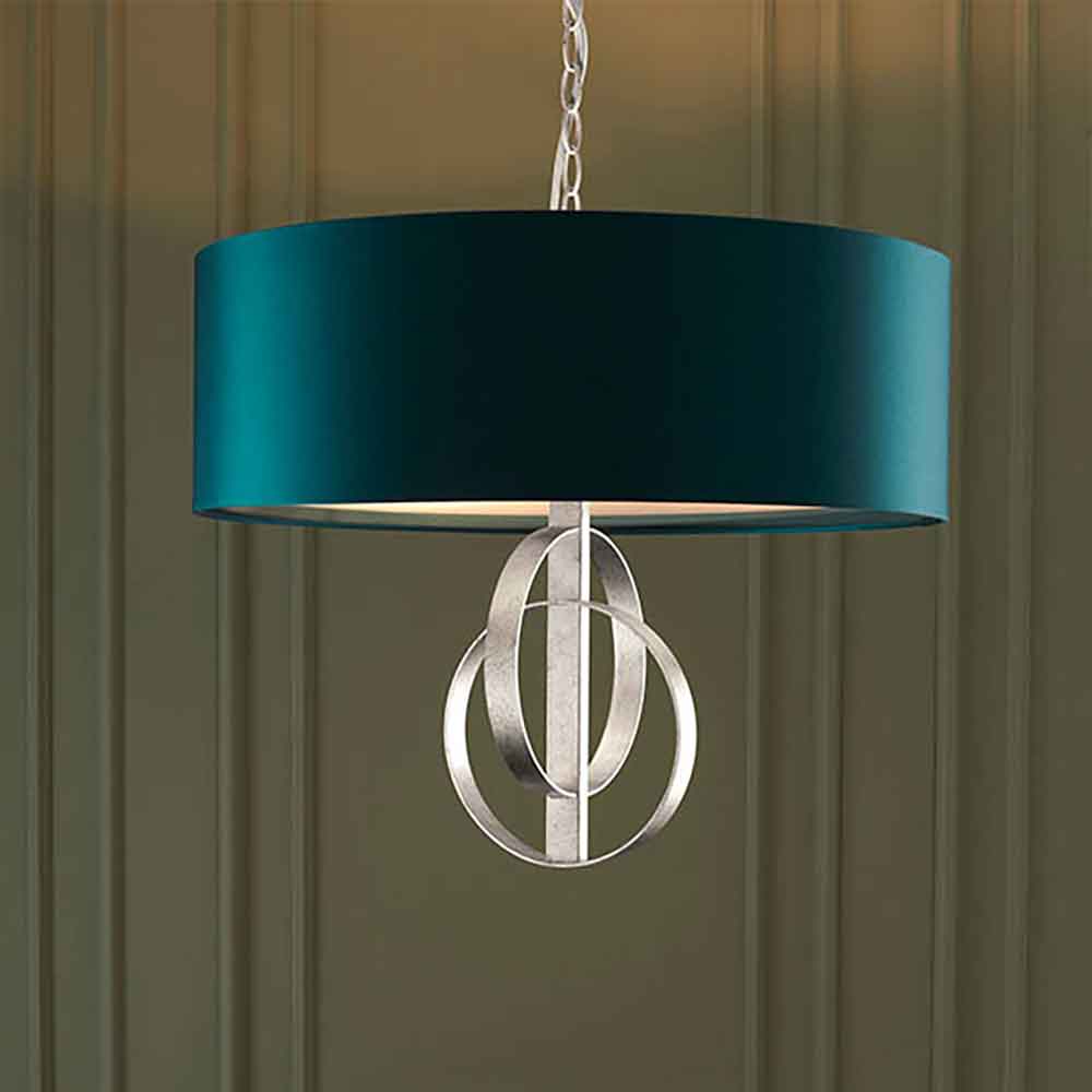 Carson Small Teal Fabric Pendant Light In Antique Silver