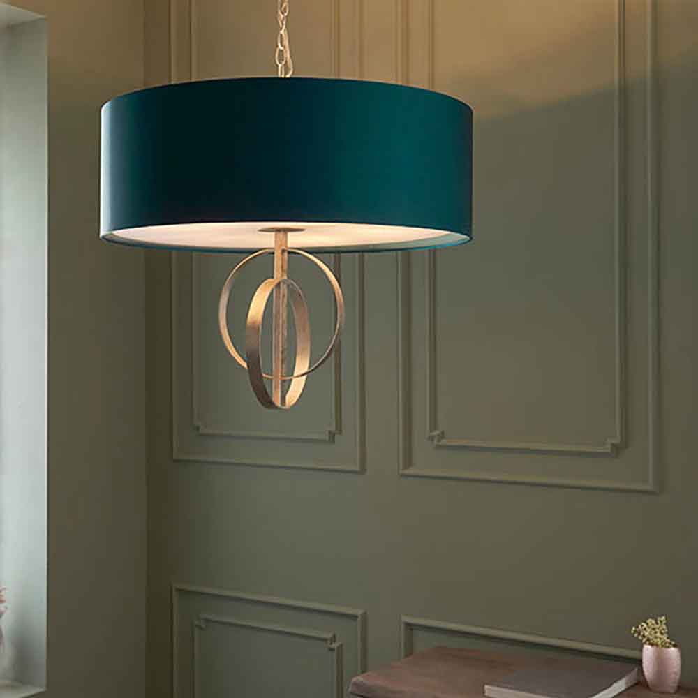 Carson Large Teal Fabric Pendant Light In Antique Silver