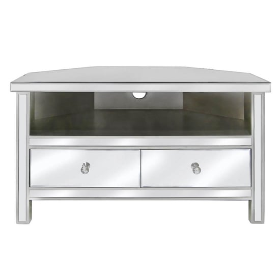 Photo of Carson mirrored tv stand corner with 2 drawers in silver