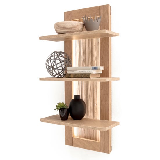 Cartago LED Wooden Wall Shelving Unit In Planked Oak Furniture in Fashion