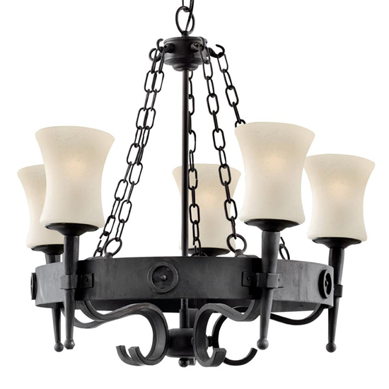 Cartwheel Black Iron 5 Lights Pendant Light With Sanded Glass