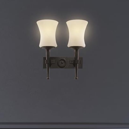Photo of Cartwheel black iron twin light wall light with sanded glass