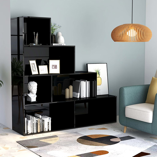 Carus High Gloss Bookcase With 6 Shelves In Black Furniture in Fashion