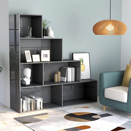 Carus High Gloss Bookcase With 6 Shelves In Grey