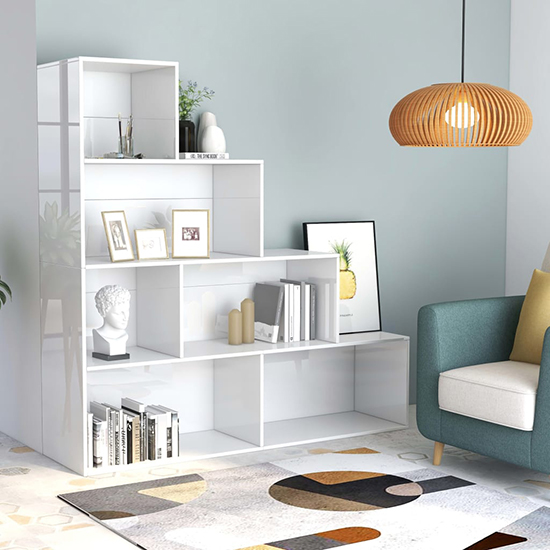 Product photograph of Carus High Gloss Bookcase With 6 Shelves In White from Furniture in Fashion