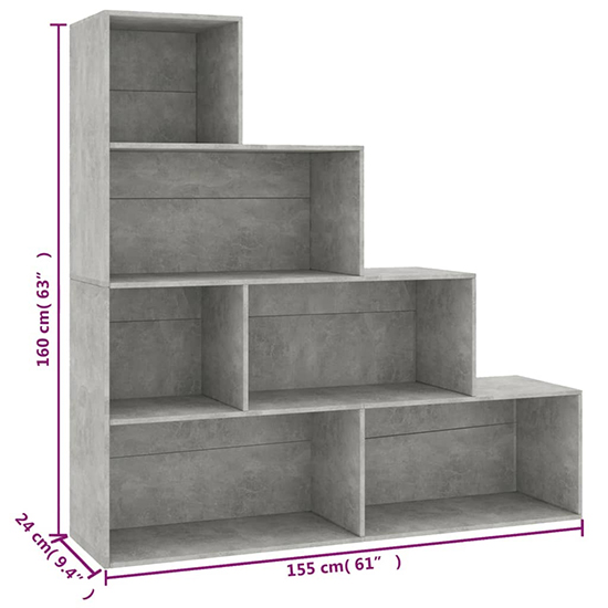 Carus Wooden Bookcase With 6 Shelves In Concrete Effect