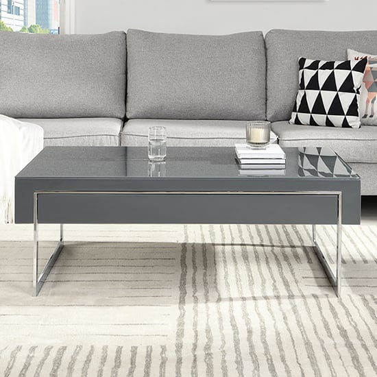 Casa High Gloss Coffee Table With Drawer In Grey And Chrome Legs_2
