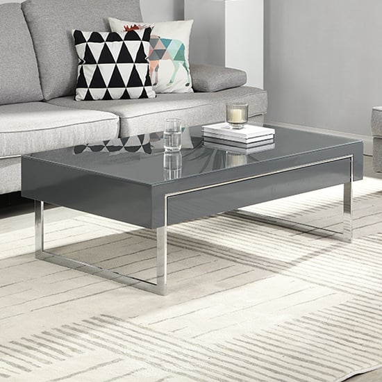 Casa High Gloss Coffee Table With Drawer In Grey And Chrome Legs