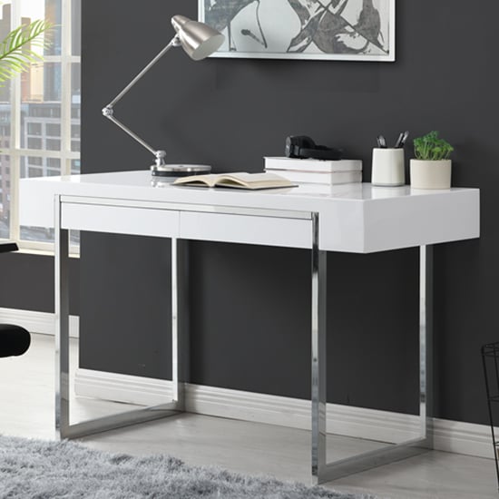 Photo of Casa high gloss computer desk with 2 drawers in white