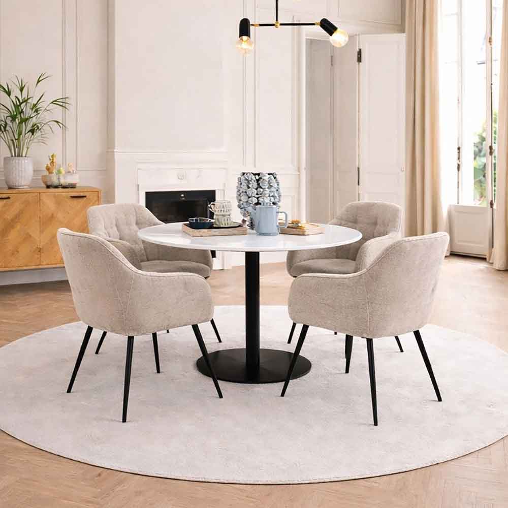 Casey White Marble Top Dining Table with Black Base and 4 Beige Bethel Armchairs