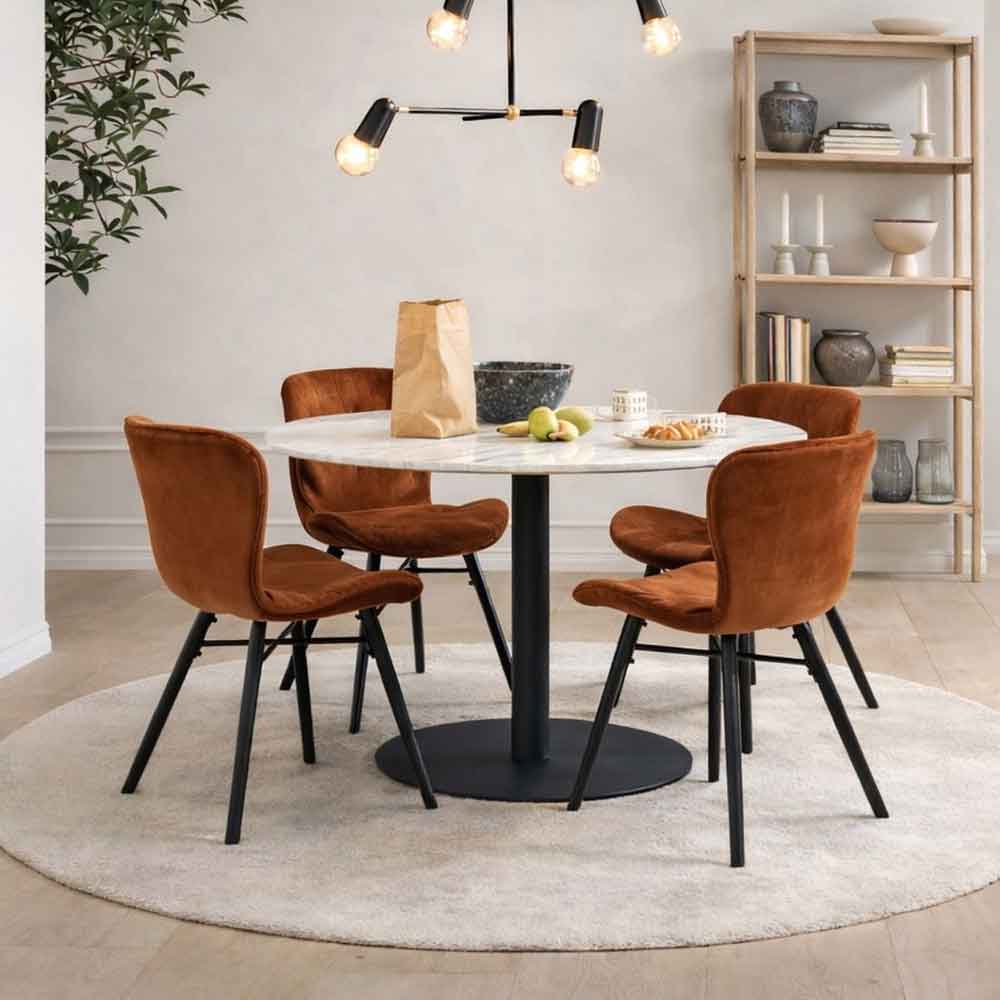Casey White Marble Top Dining Table with Black Base and 4 Copper Bangor Chairs