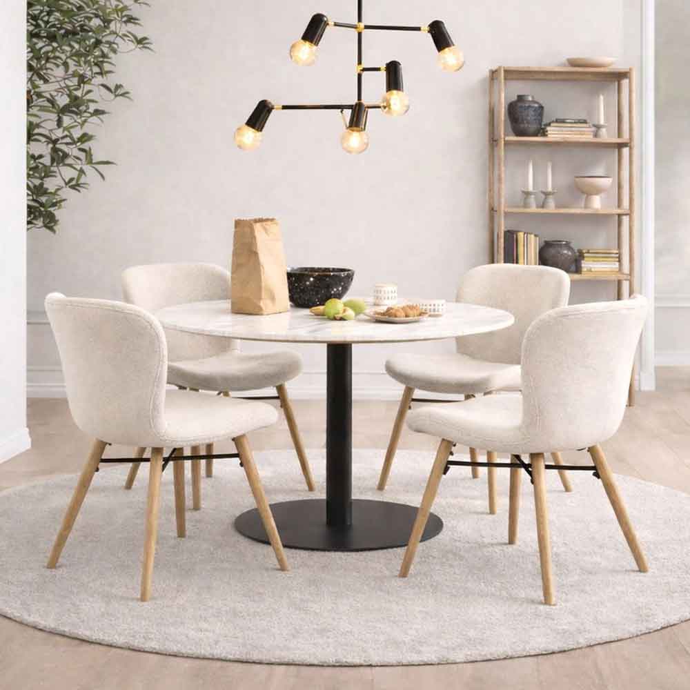 Casey White Marble Top Dining Table with Black Base and 4 Cream Bangor Chairs