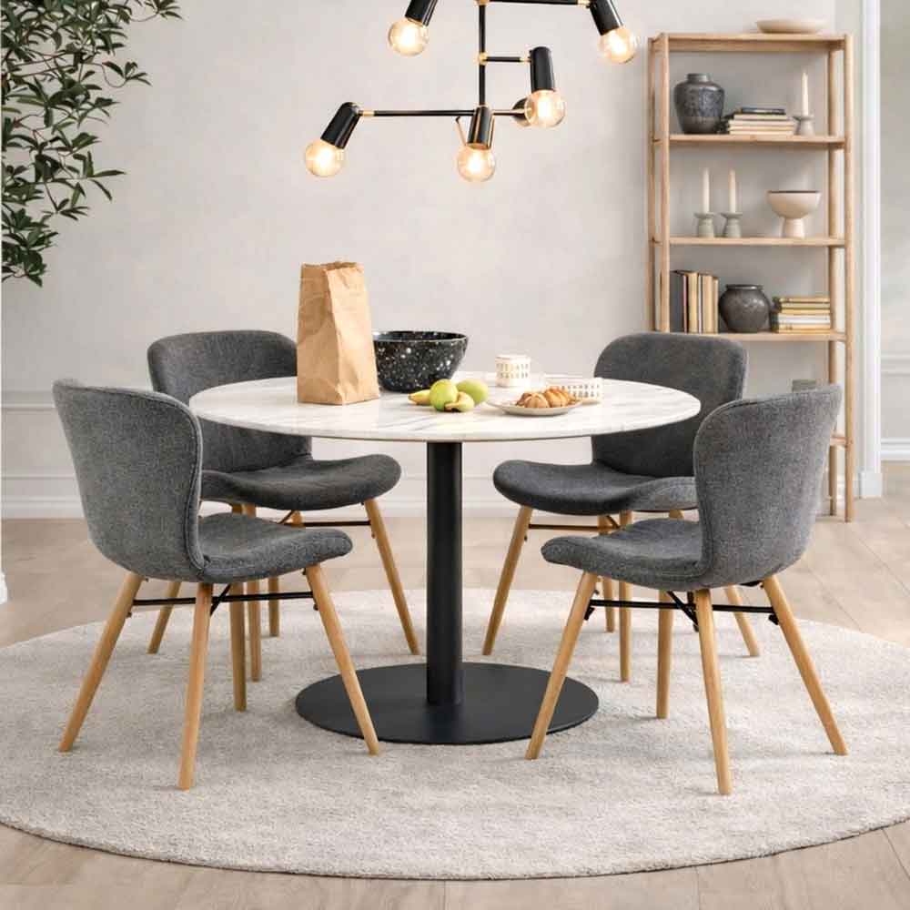 Casey White Marble Top Dining Table with Black Base and 4 Grey Bangor Chairs