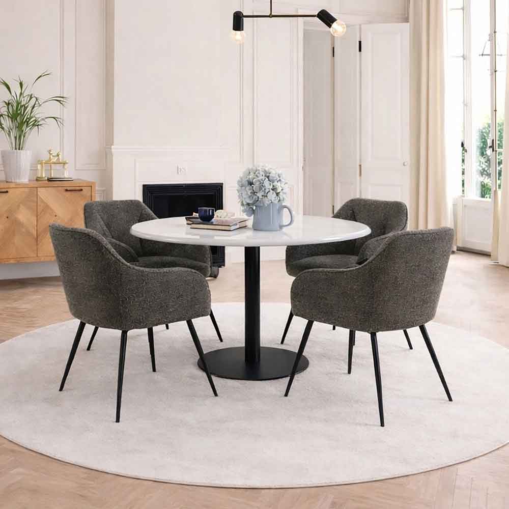 Casey White Marble Top Dining Table with Black Base and 4 Taupe Bethel Armchairs