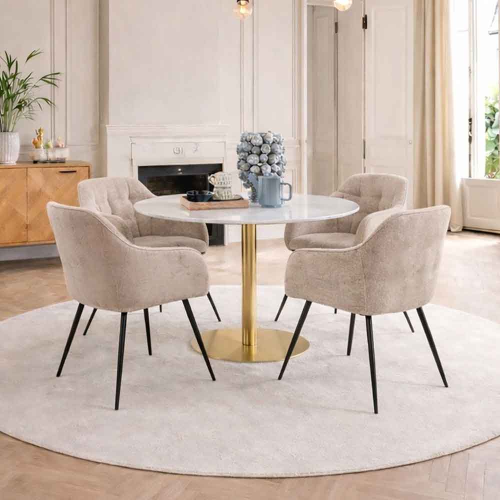 Casey White Marble Top Dining Table with Gold Base and 4 Beige Bethel Armchairs