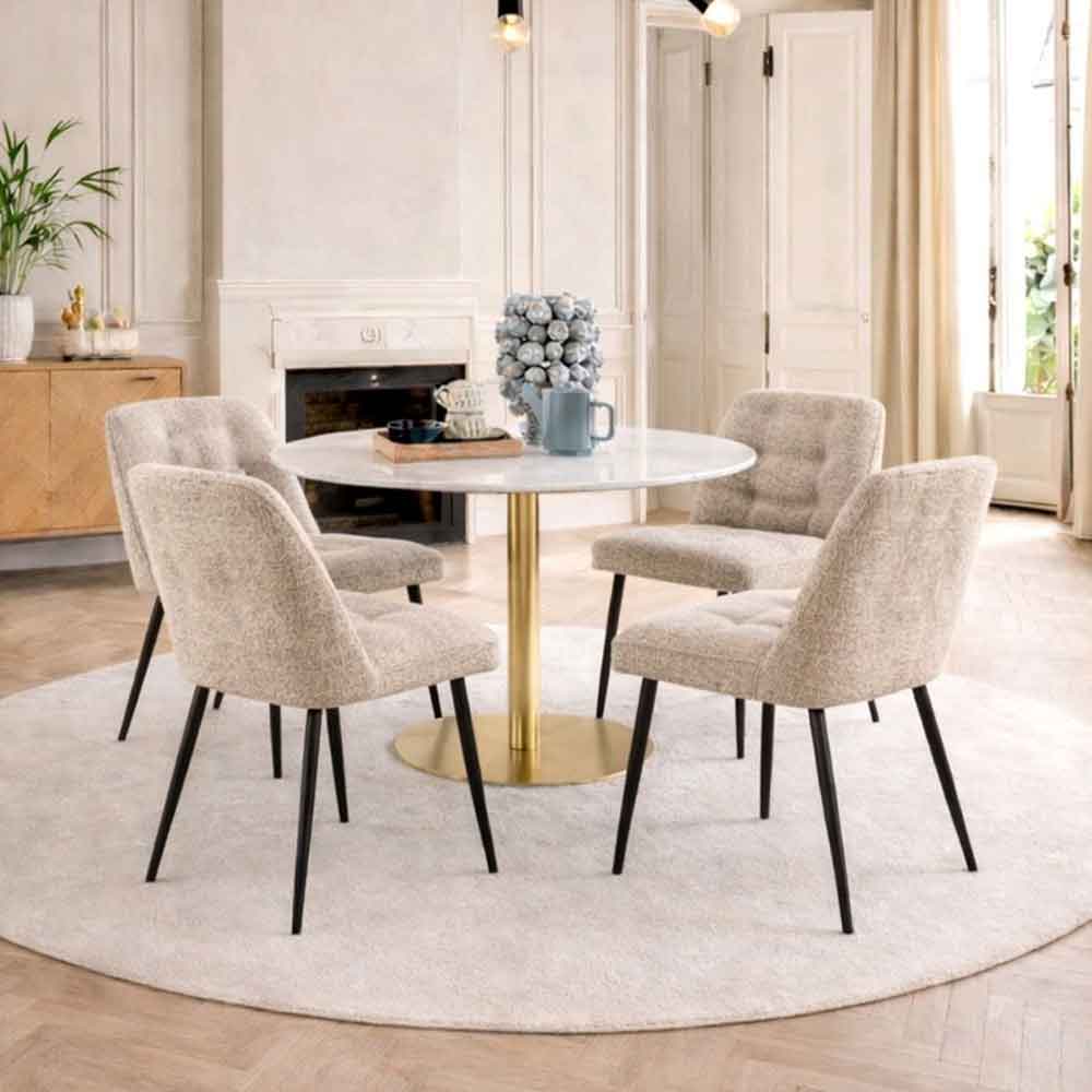 Casey White Marble Top Dining Table with Gold Base and 4 Beige Bethel Chairs