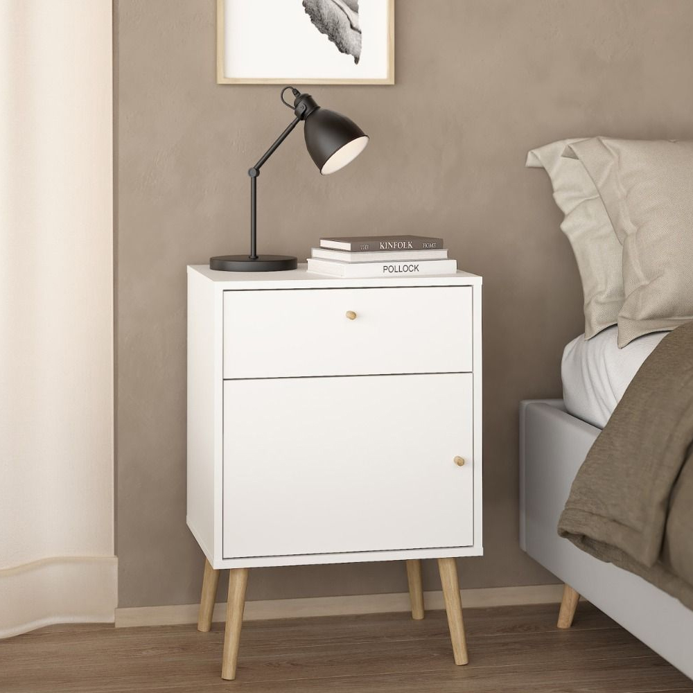Read more about Casey wooden bedside cabinet with 1 door 1 drawer in white