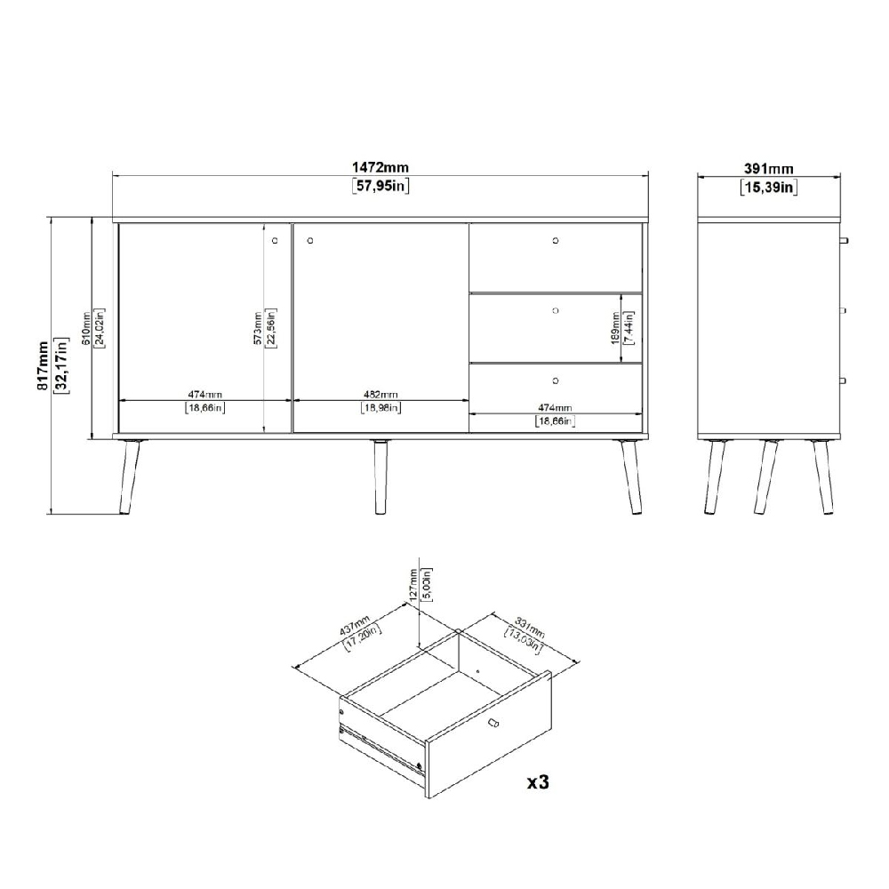 Casey Wooden Sideboard With 2 Doors 3 Drawers In White