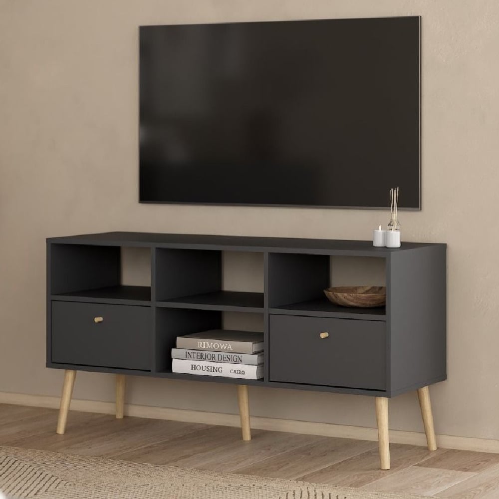 Read more about Casey wooden tv stand with 2 drawers in dark grey