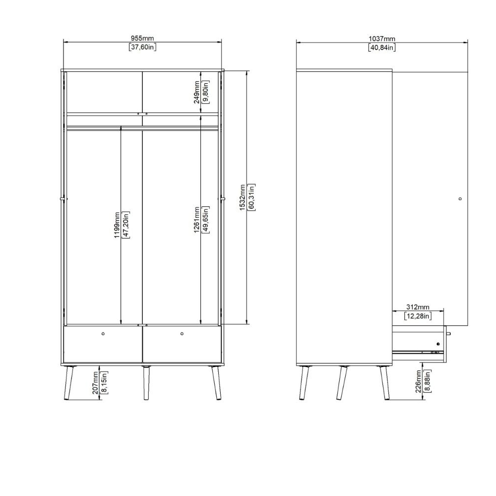 Casey Wooden Wardrobe With 2 Doors 2 Drawers In White