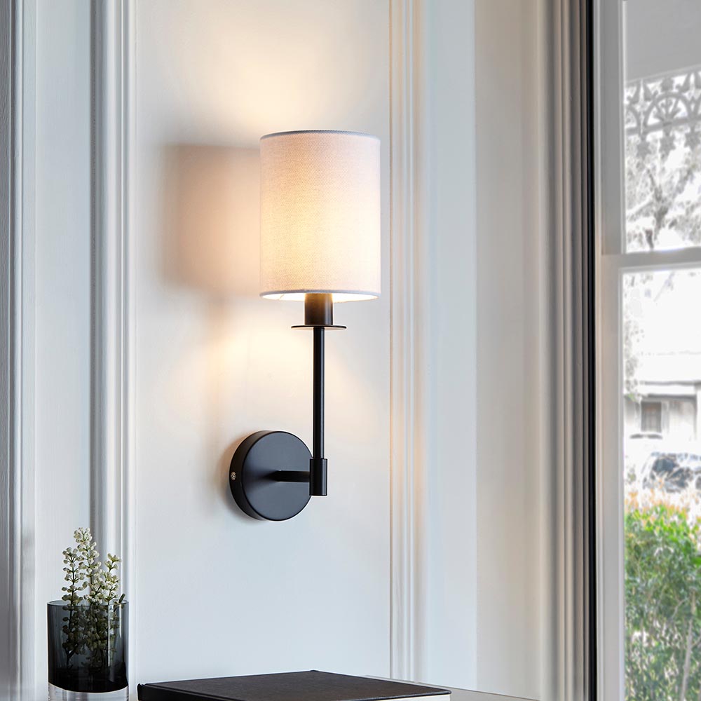 Casper Fabric Cylinder Shade Wall Light In Matt Black