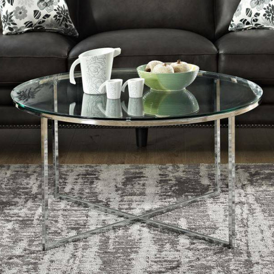 Product photograph of Casper Clear Glass Coffee Table Round With Chrome Metal Frame from Furniture in Fashion
