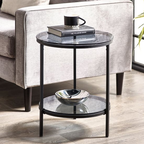 Photo of Casper round smoked glass lamp table with shelf