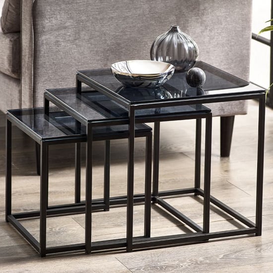 Product photograph of Casper Smoked Glass Nest Of 3 Tables With Black Metal Frame from Furniture in Fashion