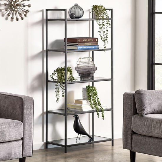 Casper Smoked Glass Tall Bookcase With Black Metal Frame
