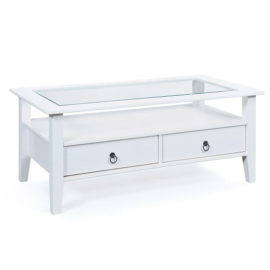 Read more about Cassala glass top coffee table in white with 2 drawers