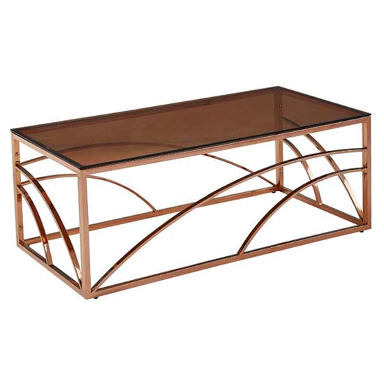Product photograph of Cassis Glass Coffee Table In Smoked Brown With Rose Gold Frame from Furniture in Fashion