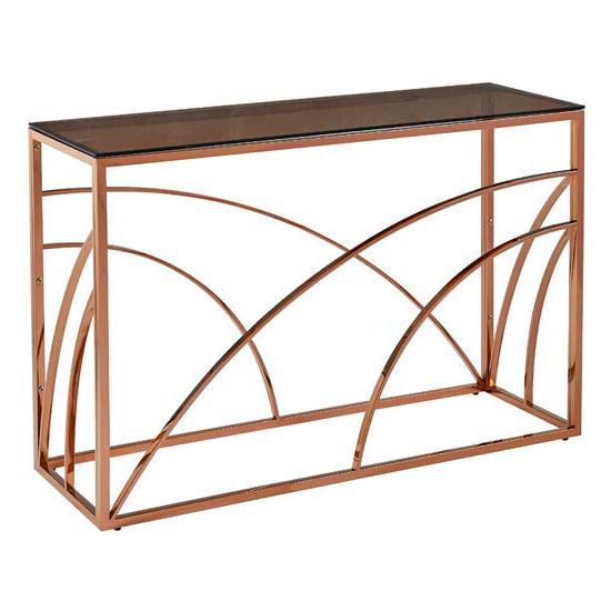 Product photograph of Cassis Glass Console Table In Smoked Brown With Rose Gold Frame from Furniture in Fashion