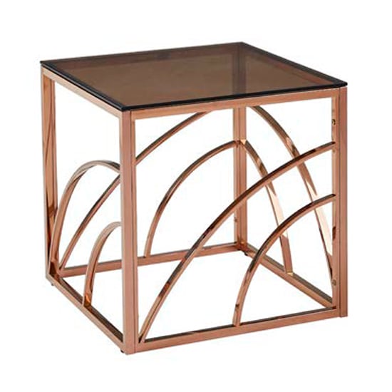 Cassis Glass End Table In Smoked Brown With Rose Gold Frame