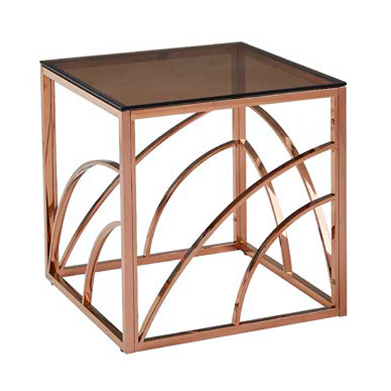 Read more about Cassis glass end table in smoked brown with rose gold frame