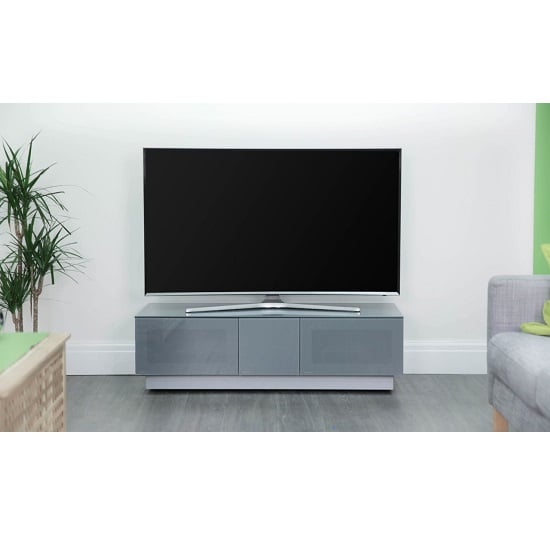 Elements Large Glass TV Stand With 2 Glass Doors In Grey