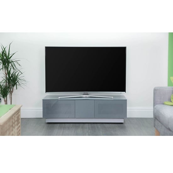 Photo of Elements large glass tv stand with 2 glass doors in grey