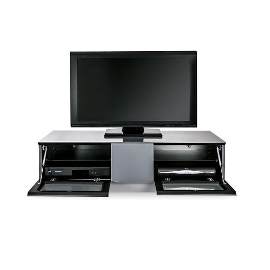 Elements Small Wooden TV Stand With 2 Glass Doors In Grey