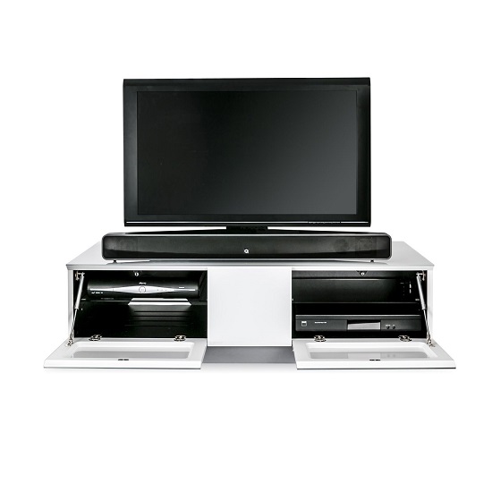 Elements Small Wooden TV Stand With 2 Glass Doors In White