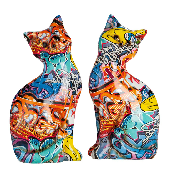 Cat Sitting Pop Art Poly Set Of 2 Design Sculpture In Multicolor